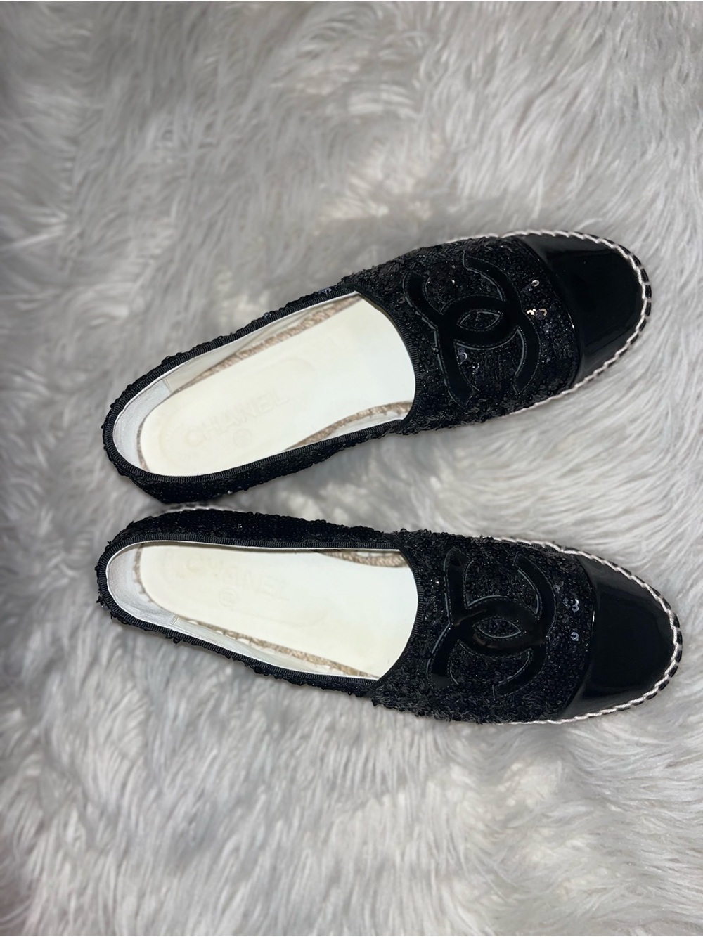 Authentic CHANEL Black Sequin & Patent Cap-Toe Espadrille Flats - Picture 2 of 6